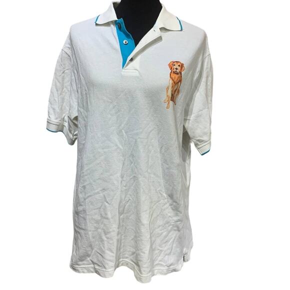 Upcycled Hand Printed Mens Medium Golden Retriever Puppy Dog Polo Shirt - Picture 1 of 3